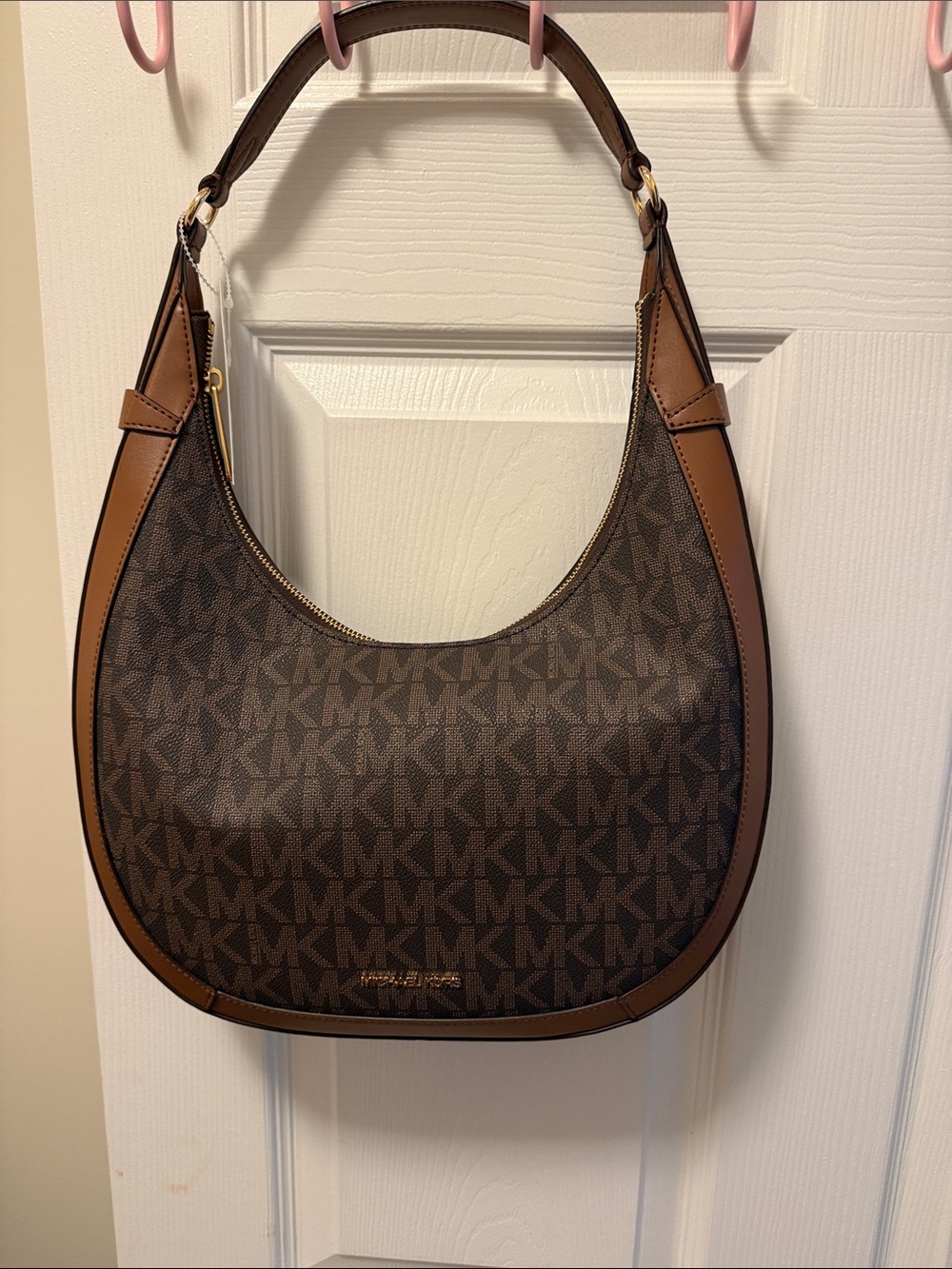 Michael Kors Brown MK Monogram Crescent Hobo with Tan Trim
